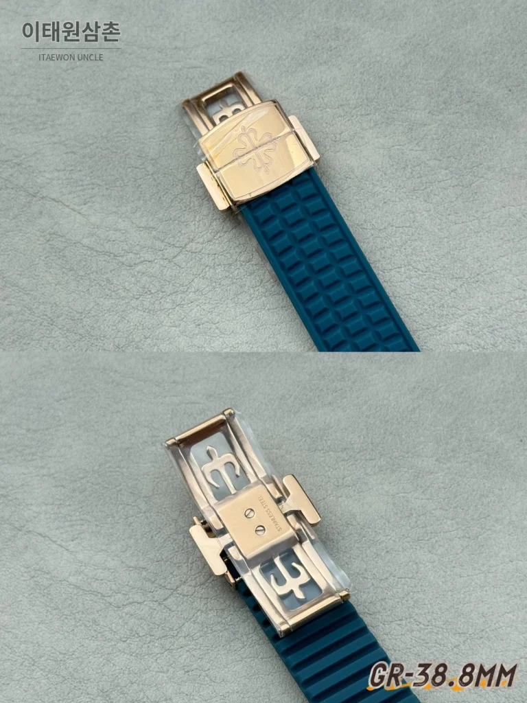 파텍필립 아쿠아넛 오토매틱 38.8mm 네이비 다이얼 블루 러버 스트랩 로즈골드 베젤