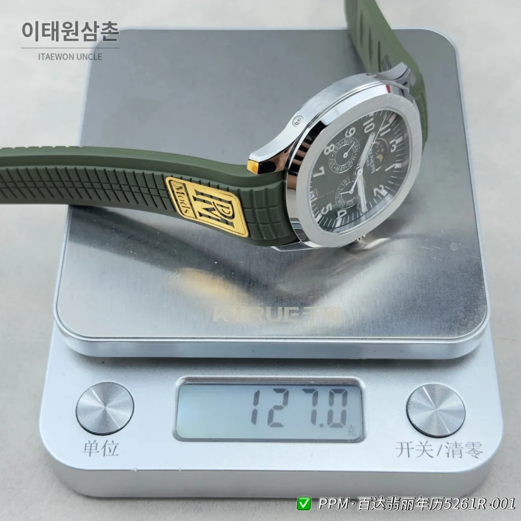 파텍필립 아쿠아넛 루체 애뉴얼캘린더 실버베젤 러버밴드 오토매틱 39.9mm 5261R-001 그린 다이얼