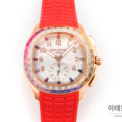 파텍필립 아쿠아넛 루체 로즈골드 레인보우 크로노그래프 40mm 7968 자개 다이얼 레드 러버 스트랩 파텍필립 아쿠아넛 루체 로즈골드 레인보우 크로노그래프 40mm 7968 자개 다이얼 레드 러버 스트랩