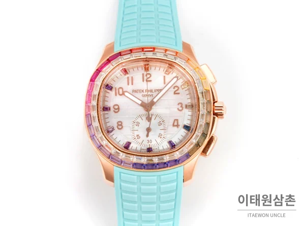 파텍필립 아쿠아넛 루체 로즈골드 레인보우 크로노그래프 40mm 7968 자개 다이얼 아이스블루 러버 스트랩