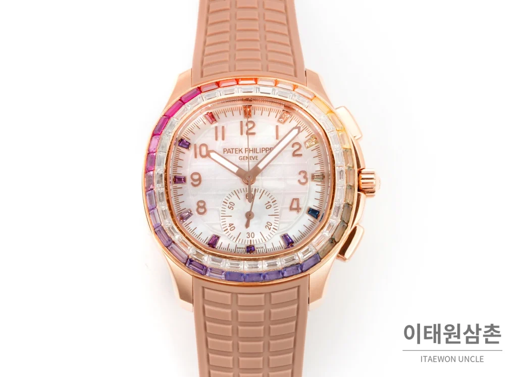 파텍필립 아쿠아넛 루체 로즈골드 레인보우 크로노그래프 40mm 7968 자개 다이얼 브라운 러버 스트랩