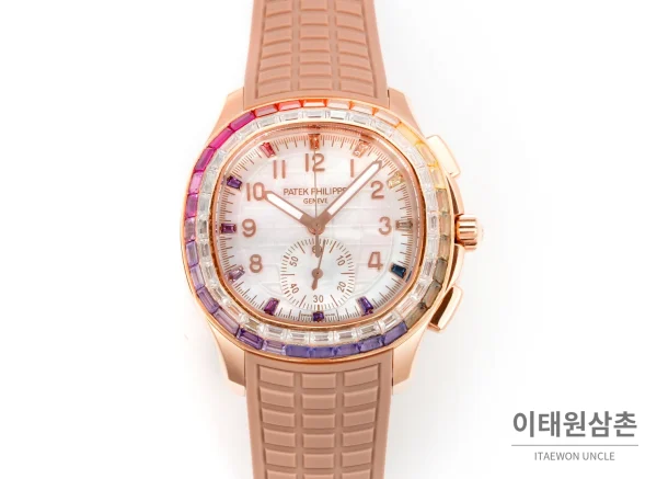 파텍필립 아쿠아넛 루체 로즈골드 레인보우 크로노그래프 40mm 7968 자개 다이얼 브라운 러버 스트랩