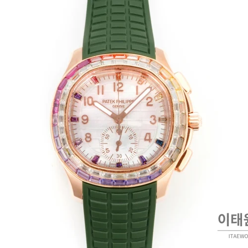 파텍필립 아쿠아넛 루체 로즈골드 레인보우 크로노그래프 40mm 7968 자개 다이얼 그린 러버 스트랩 파텍필립 아쿠아넛 루체 로즈골드 레인보우 크로노그래프 40mm 7968 자개 다이얼 그린 러버 스트랩