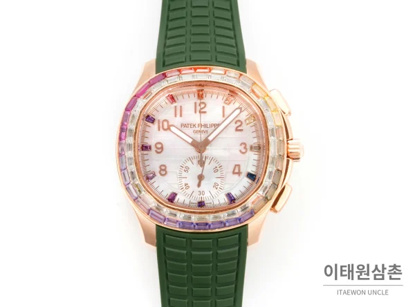 파텍필립 아쿠아넛 루체 로즈골드 레인보우 크로노그래프 40mm 7968 자개 다이얼 그린 러버 스트랩 파텍필립 아쿠아넛 루체 로즈골드 레인보우 크로노그래프 40mm 7968 자개 다이얼 그린 러버 스트랩