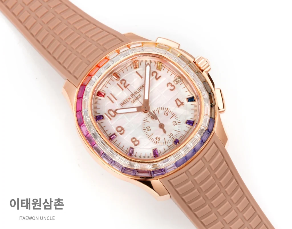 파텍필립 아쿠아넛 루체 로즈골드 레인보우 크로노그래프 40mm 7968 자개 다이얼 브라운 러버 스트랩