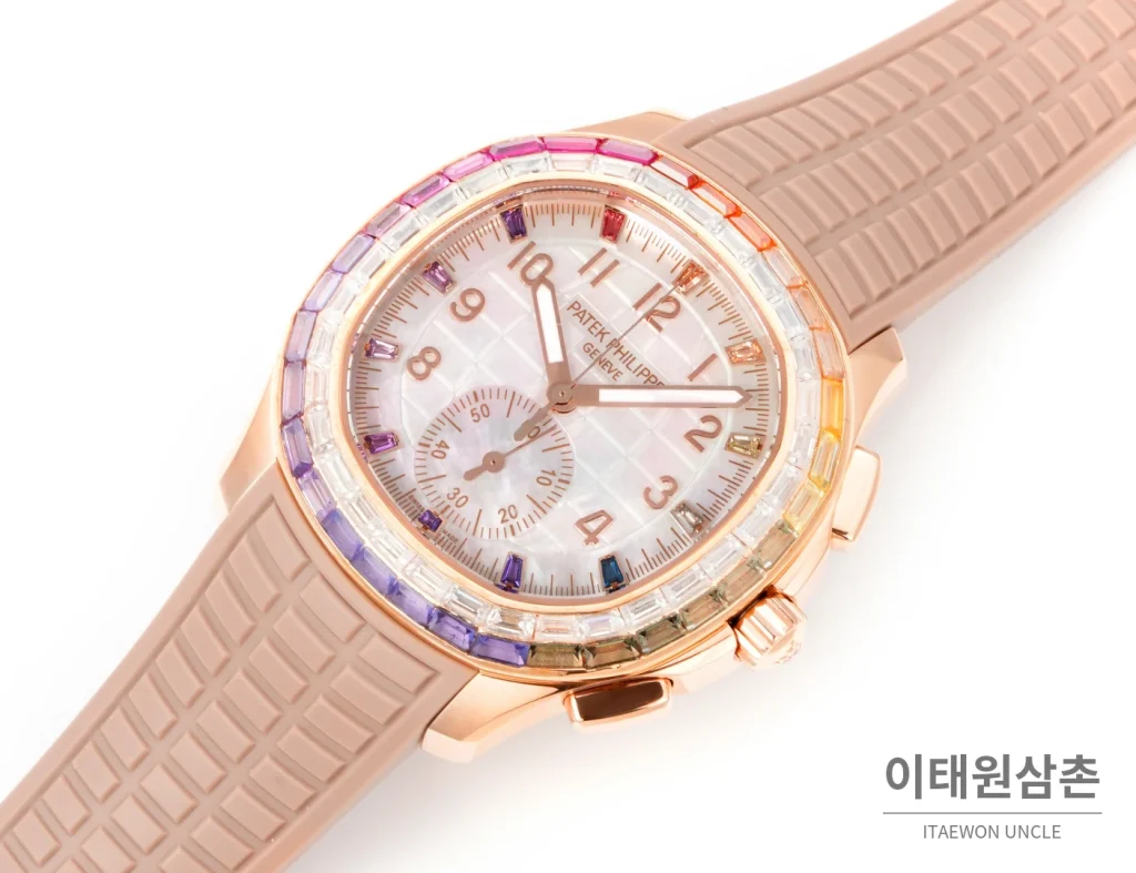 파텍필립 아쿠아넛 루체 로즈골드 레인보우 크로노그래프 40mm 7968 자개 다이얼 브라운 러버 스트랩