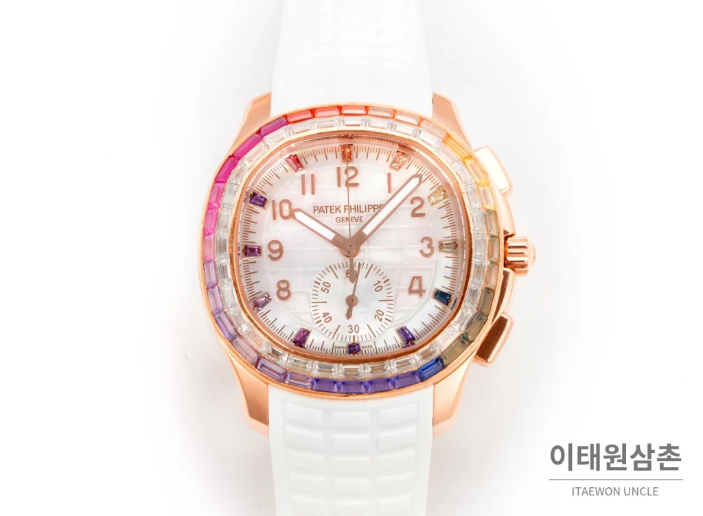파텍필립 아쿠아넛 루체 로즈골드 레인보우 크로노그래프 40mm 7968 자개 다이얼 레드 러버 스트랩