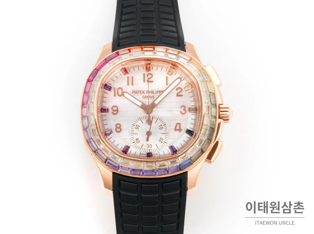 파텍필립 아쿠아넛 루체 로즈골드 레인보우 크로노그래프 40mm 7968 자개 다이얼 브라운 러버 스트랩