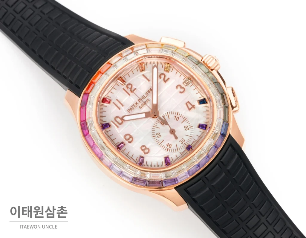 파텍필립 아쿠아넛 루체 로즈골드 레인보우 크로노그래프 40mm 7968 자개 다이얼 브라운 러버 스트랩