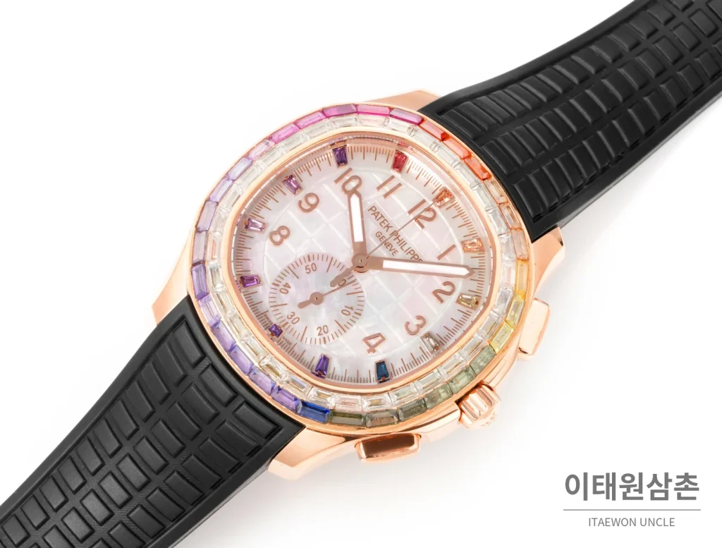 파텍필립 아쿠아넛 루체 로즈골드 레인보우 크로노그래프 40mm 7968 자개 다이얼 브라운 러버 스트랩