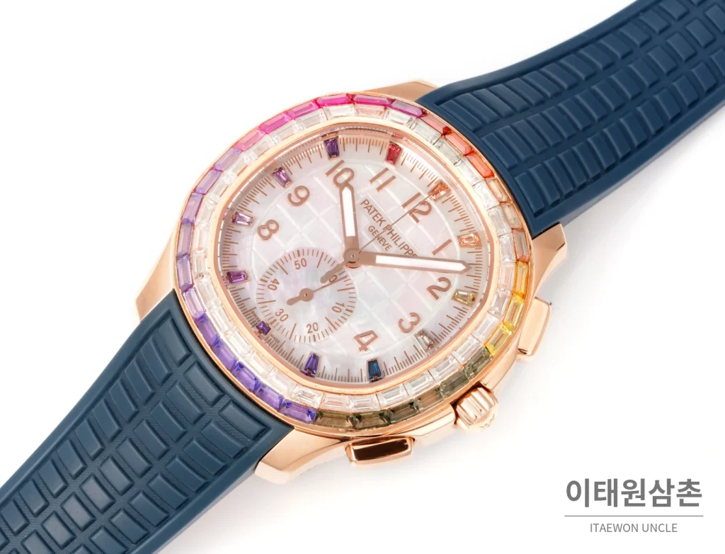파텍필립 아쿠아넛 루체 로즈골드 레인보우 크로노그래프 40mm 7968 자개 다이얼 그린 러버 스트랩
