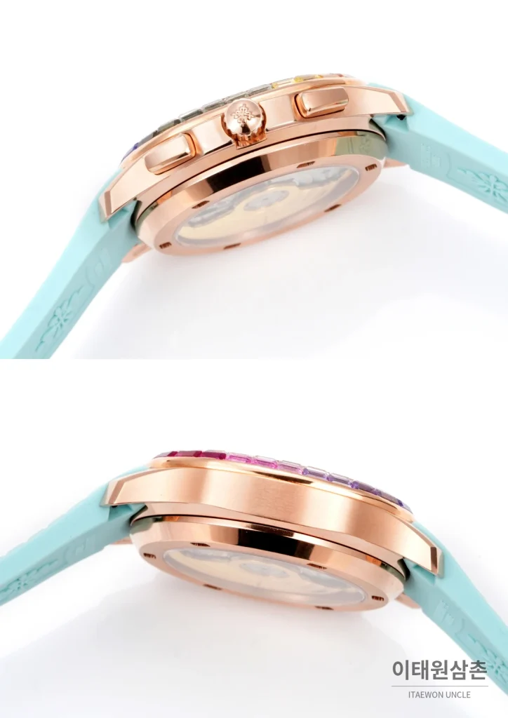파텍필립 아쿠아넛 루체 로즈골드 레인보우 크로노그래프 40mm 7968 자개 다이얼 아이스블루 러버 스트랩