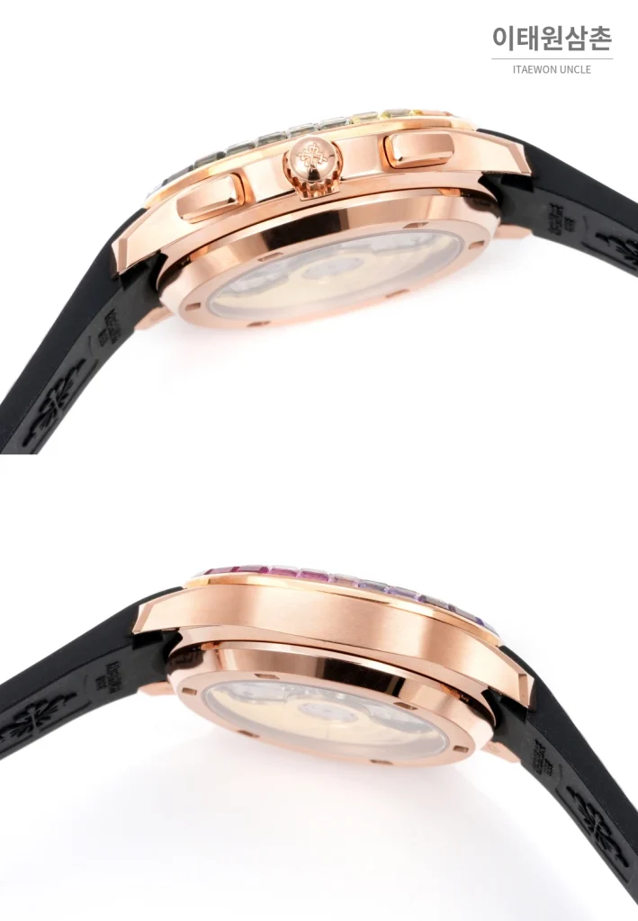 파텍필립 아쿠아넛 루체 로즈골드 레인보우 크로노그래프 40mm 7968 자개 다이얼 브라운 러버 스트랩