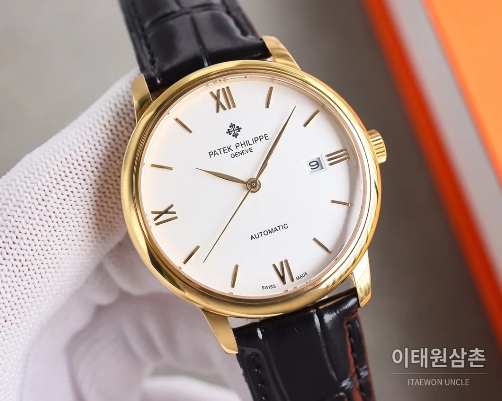 파텍필립 오토매틱 40mm 화이트 다이얼 블랙 가죽 스트랩 골드 베젤