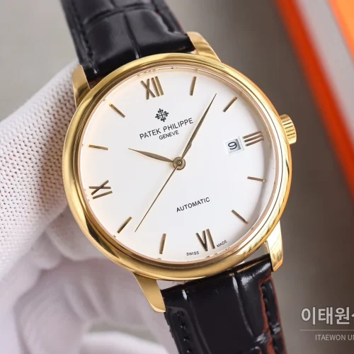파텍필립 오토매틱 40mm 화이트 다이얼 블랙 가죽 스트랩 골드 베젤