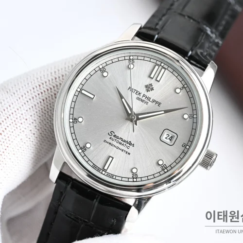 파텍필립 오토매틱 40mm 그레이 다이얼 블랙 가죽 스트랩