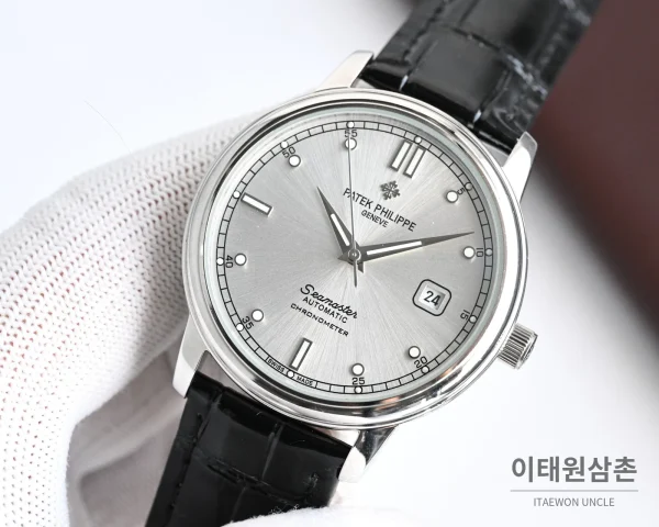 파텍필립 오토매틱 40mm 그레이 다이얼 블랙 가죽 스트랩