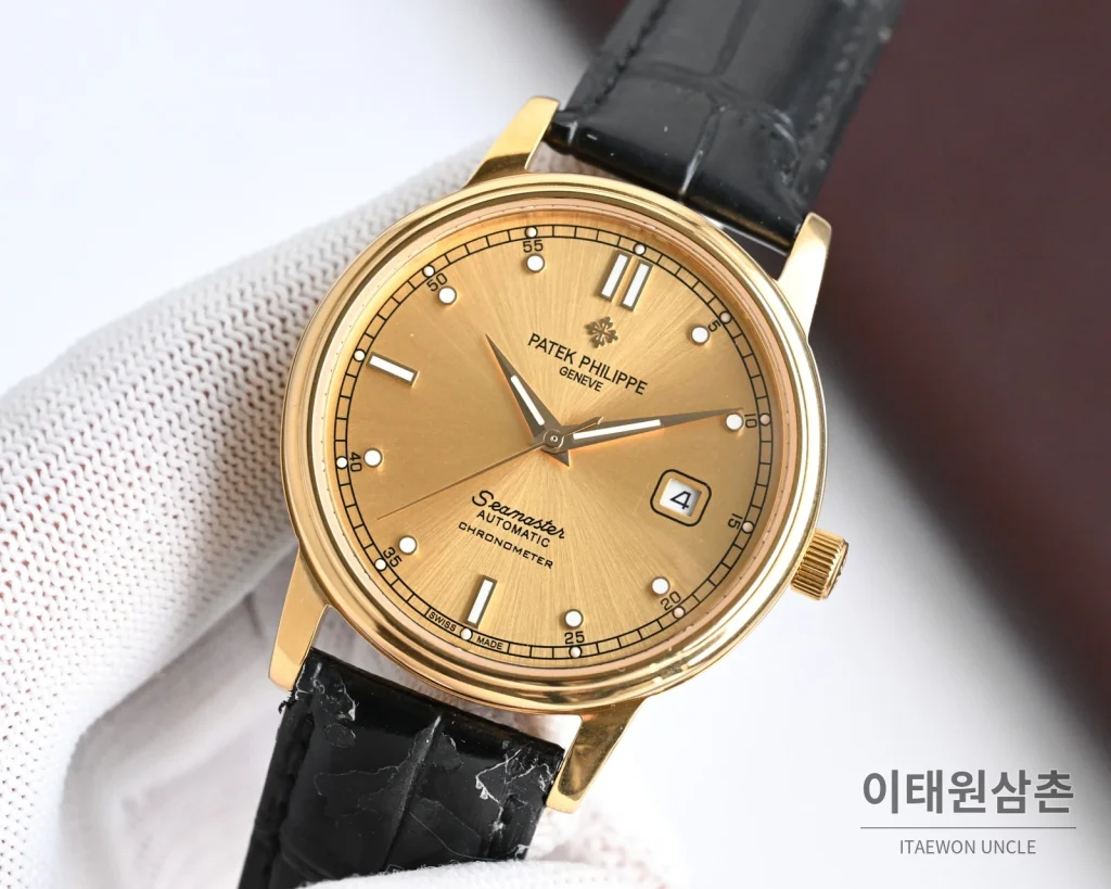 파텍필립 오토매틱 40mm 샴페인 다이얼 블랙 가죽 스트랩 골드 케이스