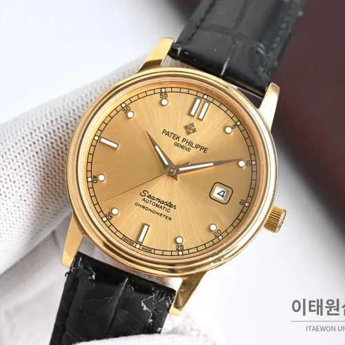 파텍필립 오토매틱 40mm 샴페인 다이얼 블랙 가죽 스트랩 골드 케이스