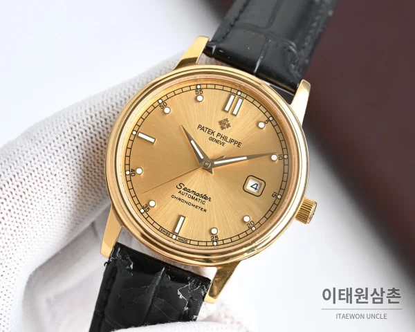 파텍필립 오토매틱 40mm 샴페인 다이얼 블랙 가죽 스트랩 골드 케이스