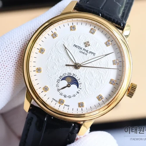 파텍필립 오토매틱 40mm 화이트 다이얼 블랙 가죽 스트랩 골드 베젤 (2)