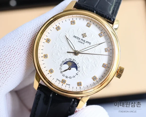 파텍필립 오토매틱 40mm 화이트 다이얼 블랙 가죽 스트랩 골드 베젤 (2)