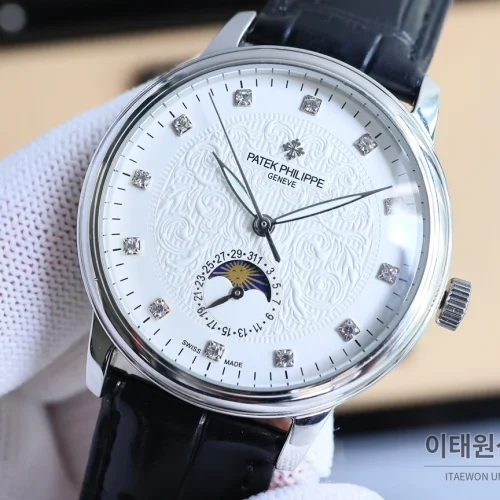 파텍필립 오토매틱 40mm 화이트 다이얼 블랙 가죽 스트랩