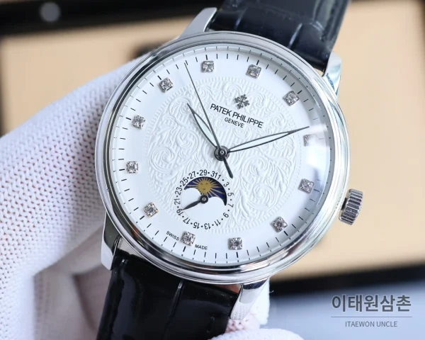 파텍필립 오토매틱 40mm 화이트 다이얼 블랙 가죽 스트랩