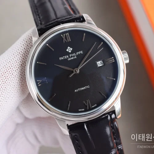파텍필립 오토매틱 40mm 블랙 다이얼 블랙 가죽 스트랩