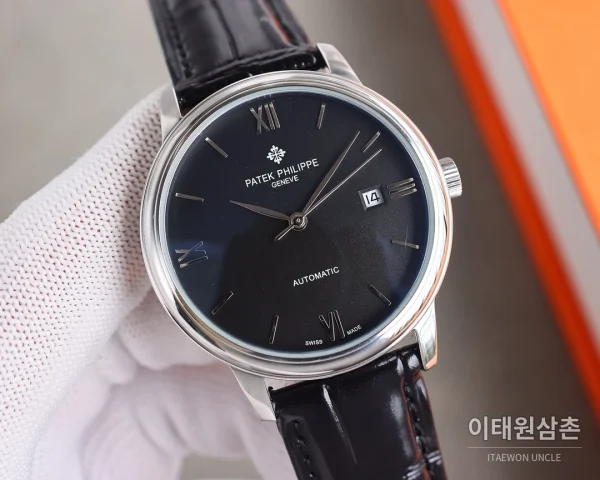 파텍필립 오토매틱 40mm 블랙 다이얼 블랙 가죽 스트랩