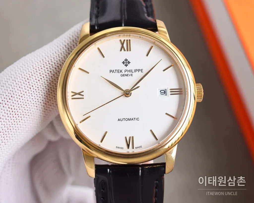 파텍필립 오토매틱 40mm 화이트 다이얼 블랙 가죽 스트랩 골드 베젤