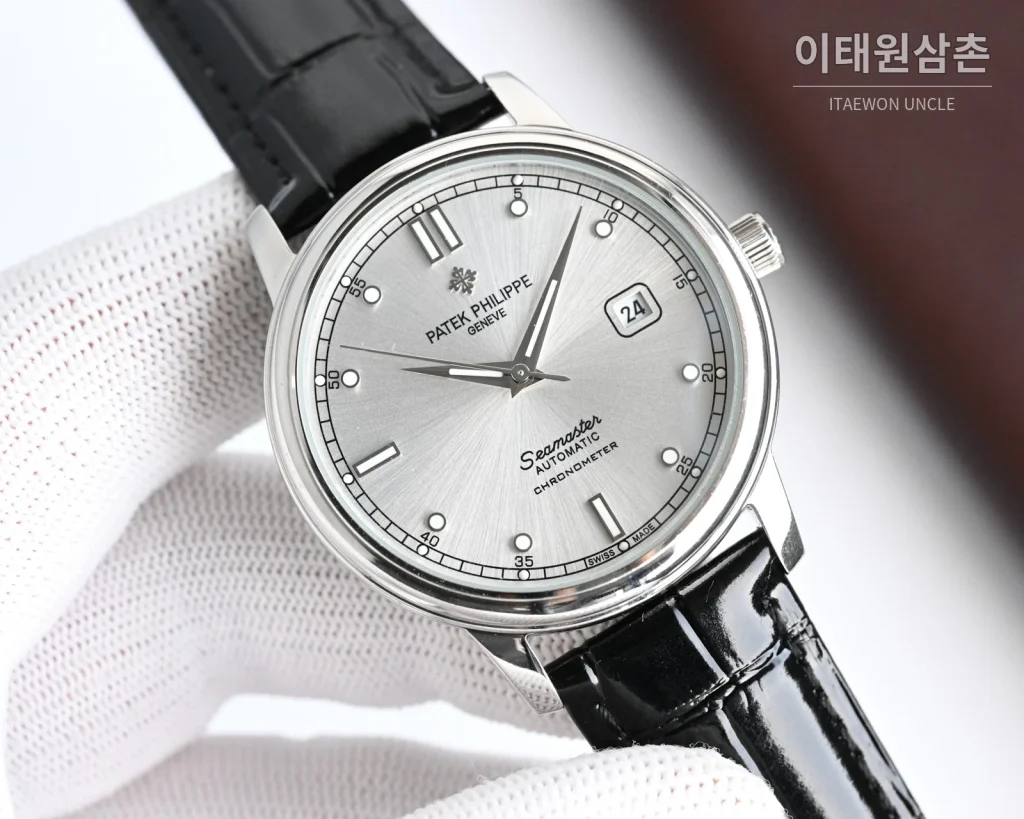 파텍필립 오토매틱 40mm 그레이 다이얼 블랙 가죽 스트랩