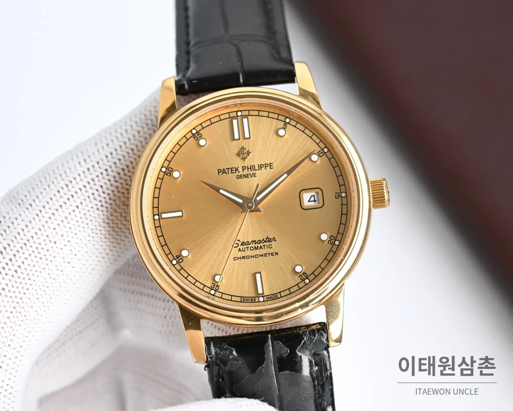 파텍필립 오토매틱 40mm 샴페인 다이얼 블랙 가죽 스트랩 골드 케이스