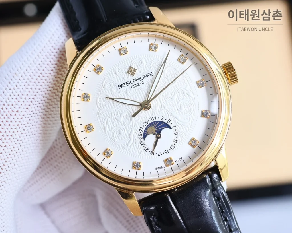 파텍필립 오토매틱 40mm 화이트 다이얼 블랙 가죽 스트랩 골드 베젤 (2)
