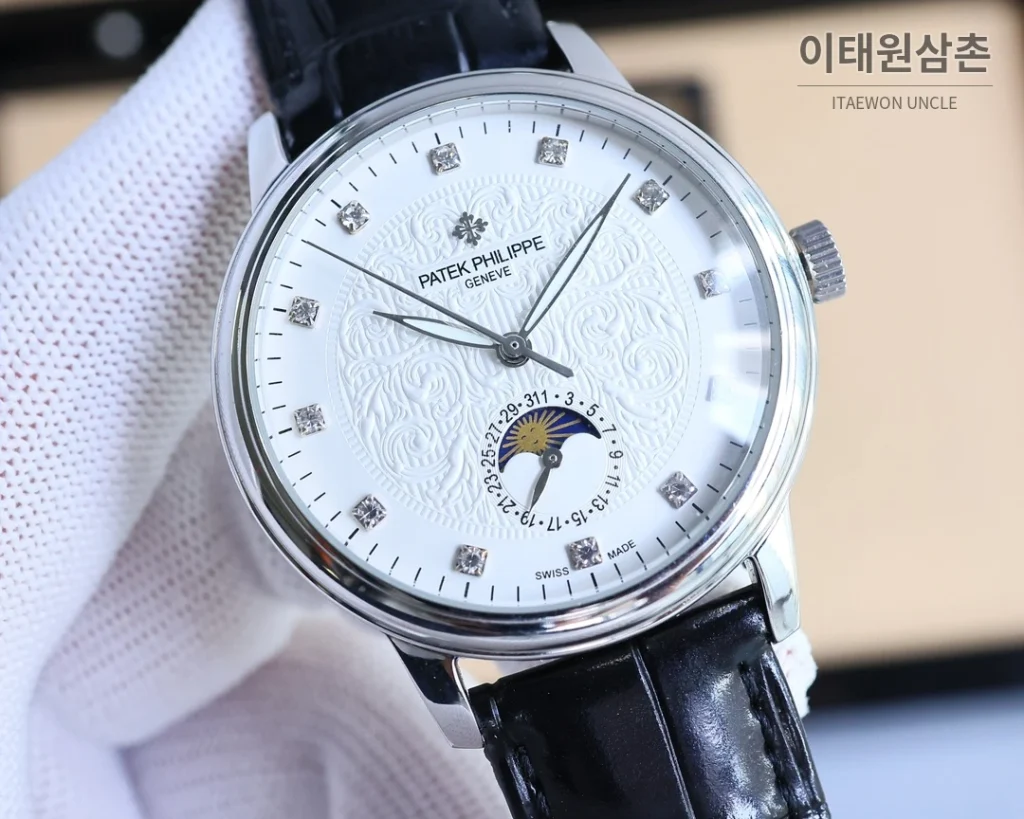 파텍필립 오토매틱 40mm 화이트 다이얼 블랙 가죽 스트랩