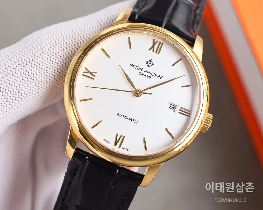 파텍필립 오토매틱 40mm 화이트 다이얼 블랙 가죽 스트랩 골드 베젤