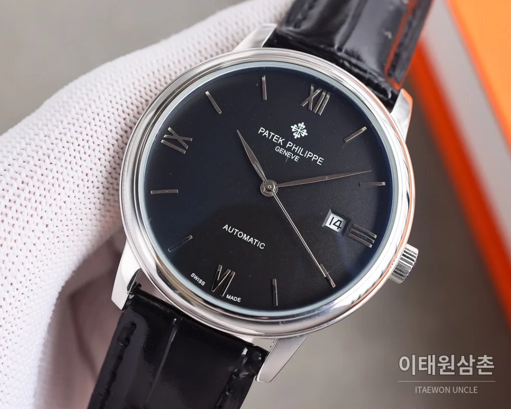 파텍필립 오토매틱 40mm 블랙 다이얼 블랙 가죽 스트랩