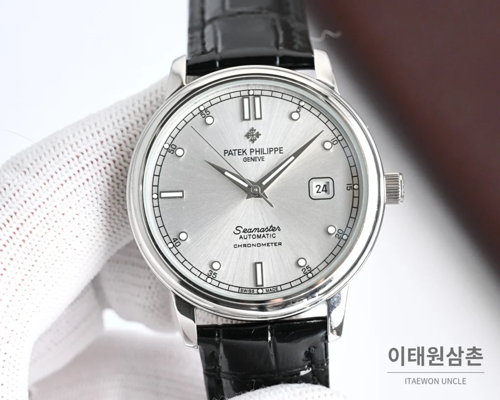 파텍필립 오토매틱 40mm 그레이 다이얼 블랙 가죽 스트랩