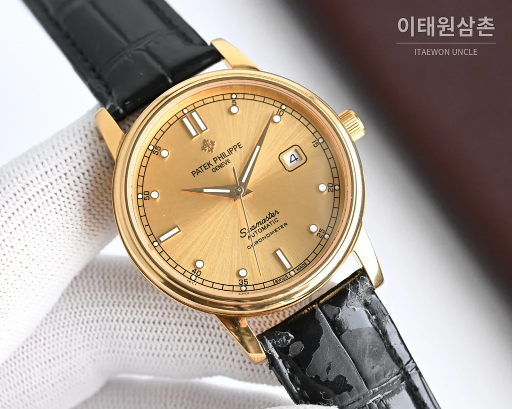 파텍필립 오토매틱 40mm 샴페인 다이얼 블랙 가죽 스트랩 골드 케이스