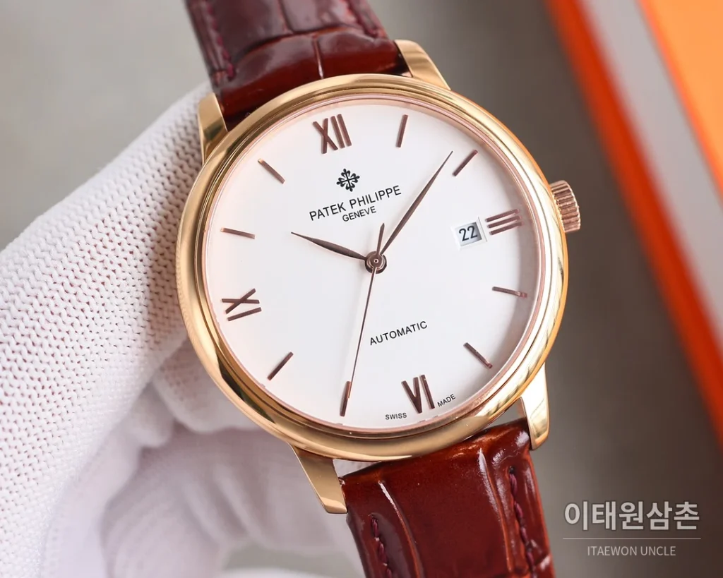 파텍필립 오토매틱 40mm 화이트 다이얼 블랙 가죽 스트랩 골드 베젤