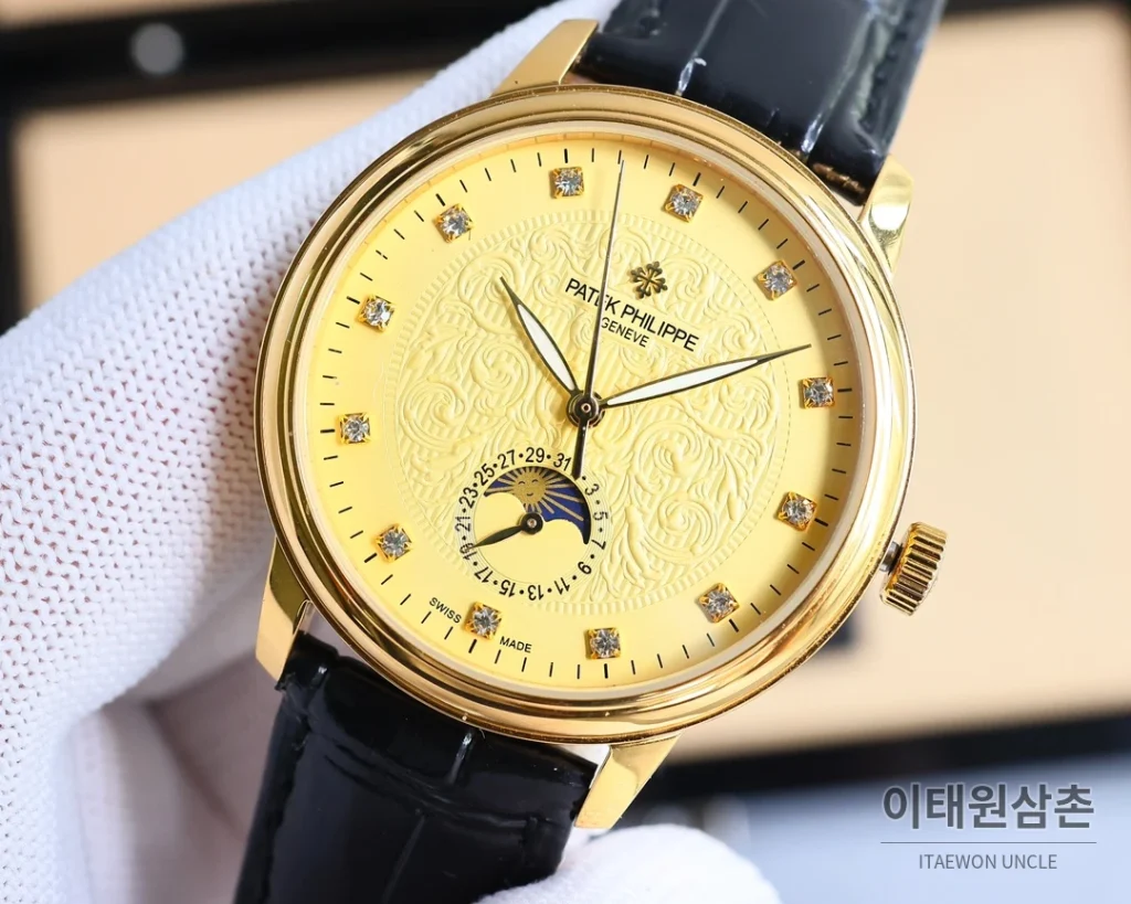 파텍필립 오토매틱 40mm 화이트 다이얼 블랙 가죽 스트랩 골드 베젤 (2)