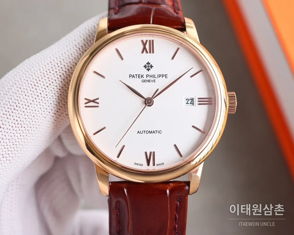 파텍필립 오토매틱 40mm 화이트 다이얼 블랙 가죽 스트랩 골드 베젤