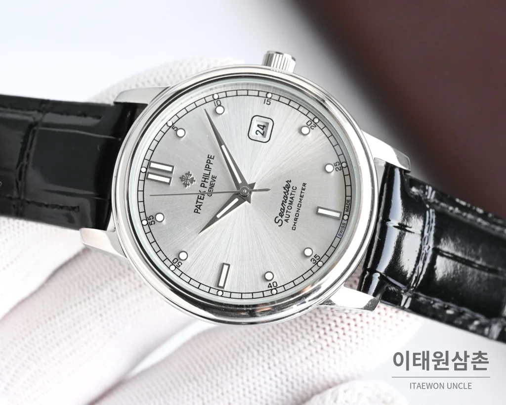파텍필립 오토매틱 40mm 그레이 다이얼 블랙 가죽 스트랩