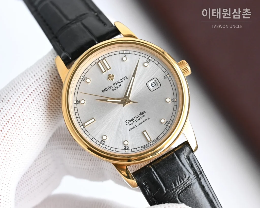 파텍필립 오토매틱 40mm 샴페인 다이얼 블랙 가죽 스트랩 골드 케이스