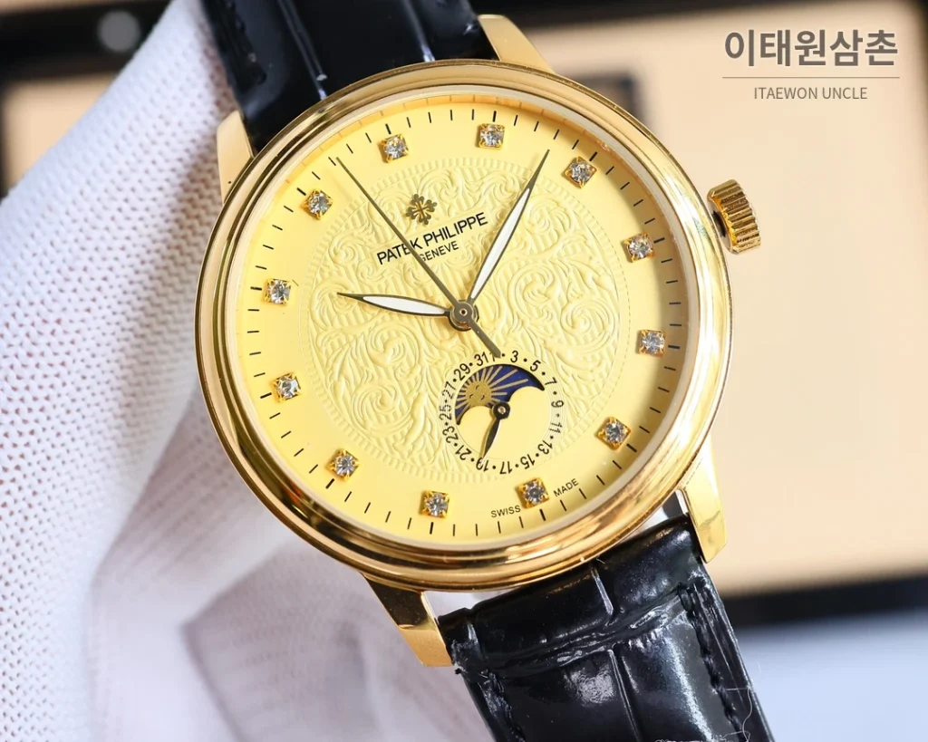 파텍필립 오토매틱 40mm 화이트 다이얼 블랙 가죽 스트랩 골드 베젤 (2)