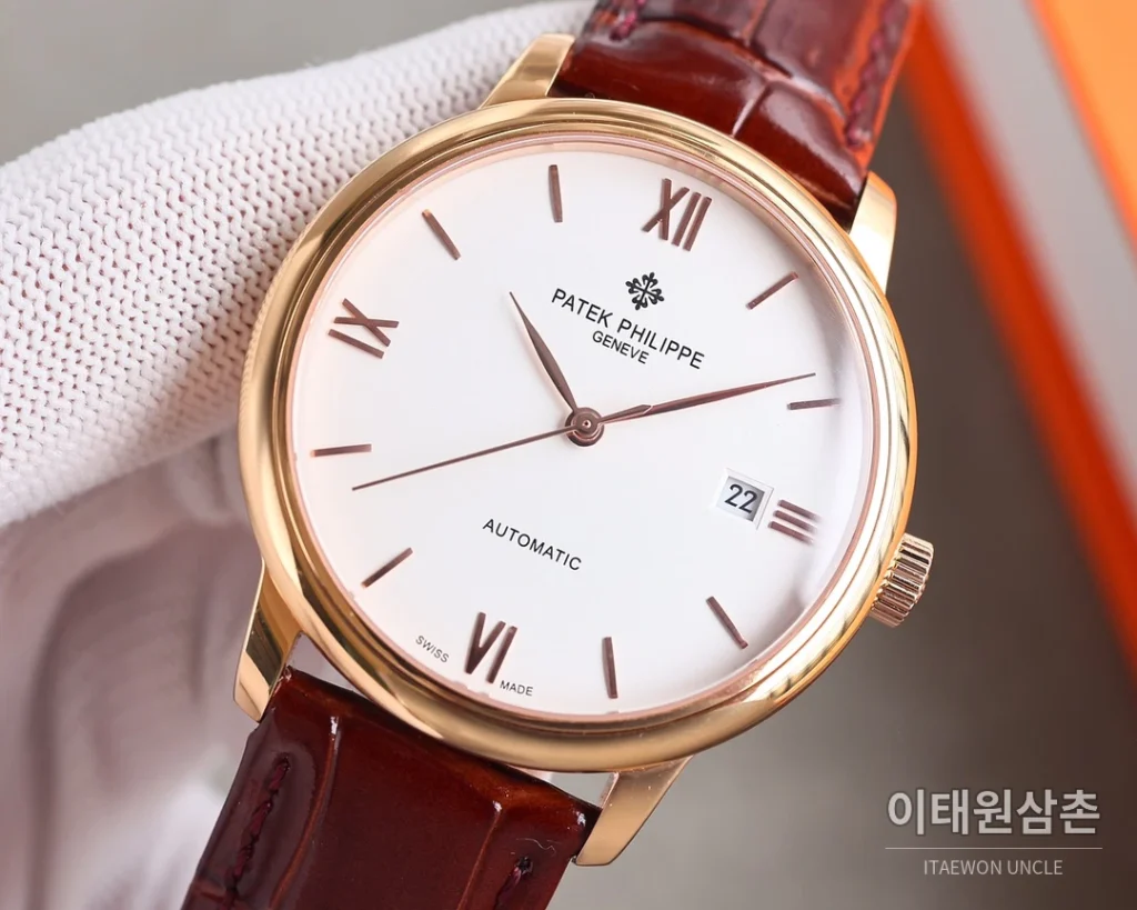 파텍필립 오토매틱 40mm 화이트 다이얼 블랙 가죽 스트랩 골드 베젤