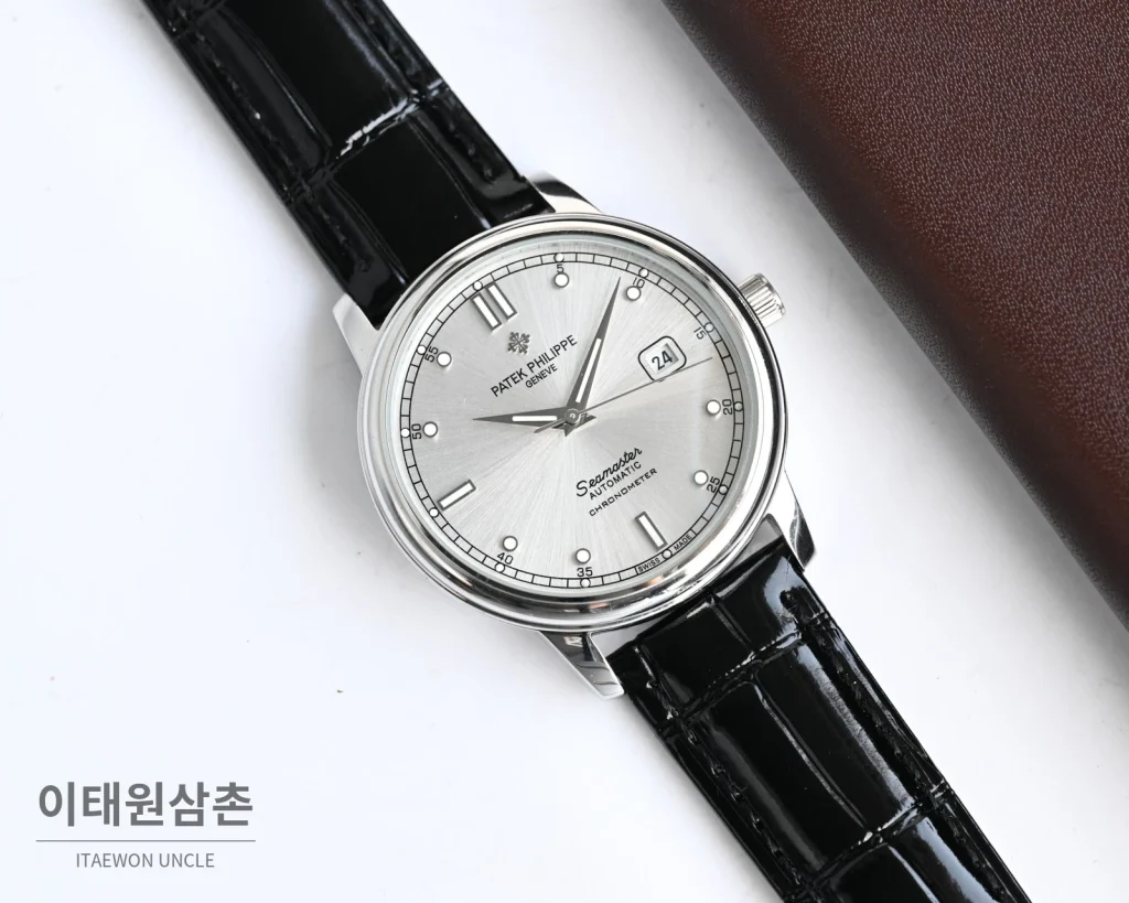 파텍필립 오토매틱 40mm 그레이 다이얼 블랙 가죽 스트랩