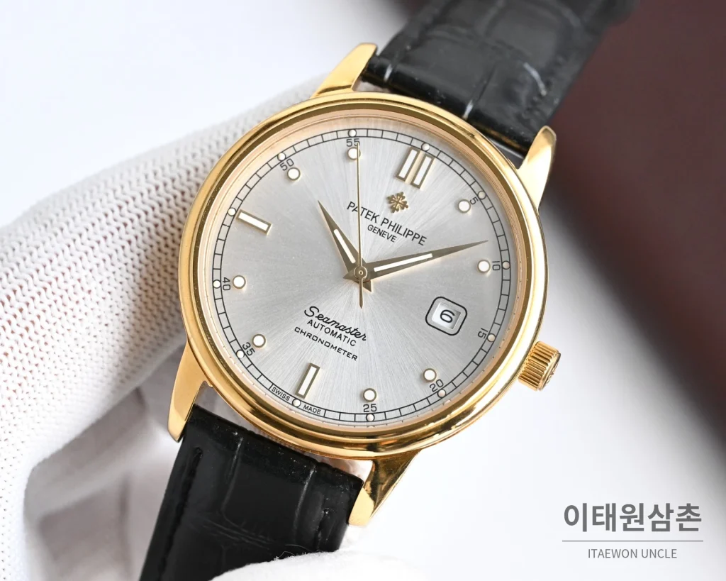 파텍필립 오토매틱 40mm 샴페인 다이얼 블랙 가죽 스트랩 골드 케이스