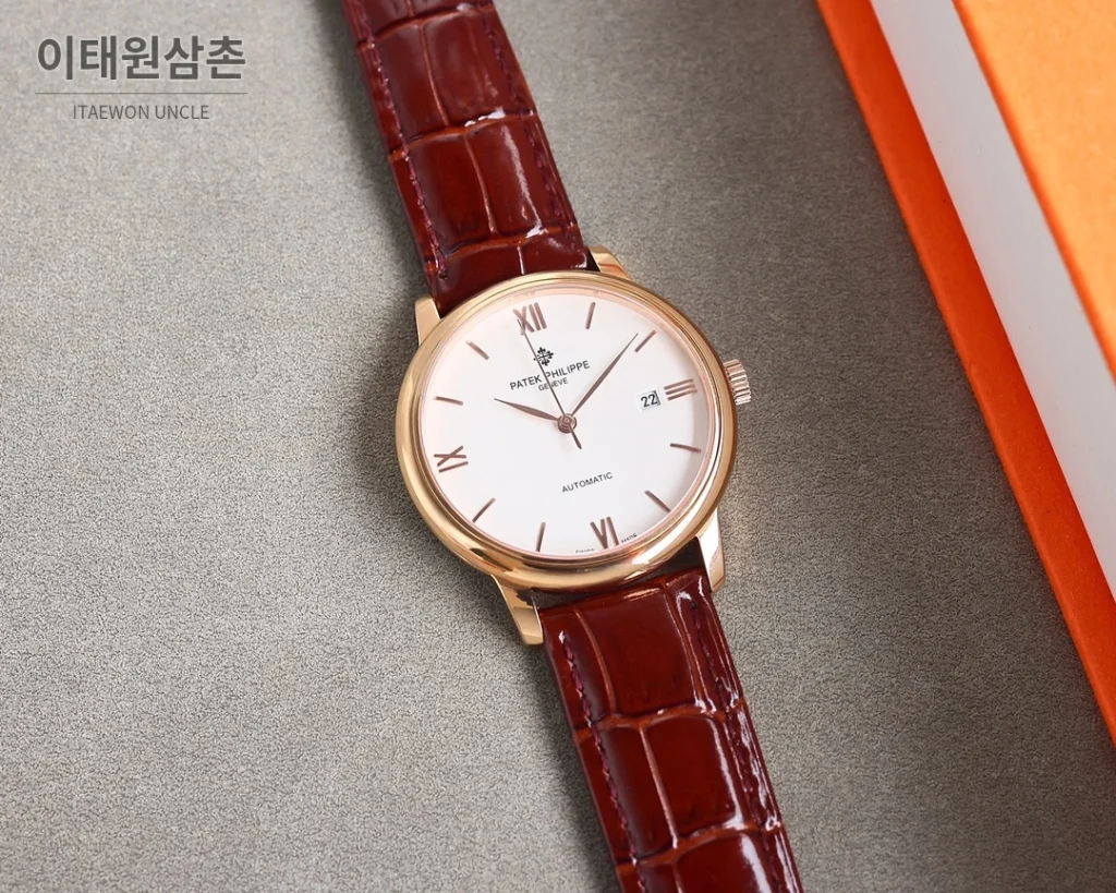 파텍필립 오토매틱 40mm 화이트 다이얼 블랙 가죽 스트랩 골드 베젤