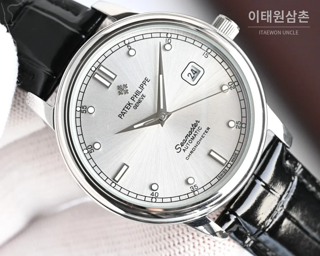 파텍필립 오토매틱 40mm 그레이 다이얼 블랙 가죽 스트랩